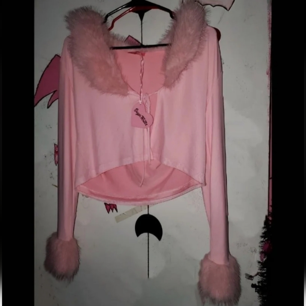Dolls Kill Sweet Like Sugar Faux Fur Pink Cardigan Pastel Goth Hot Topic